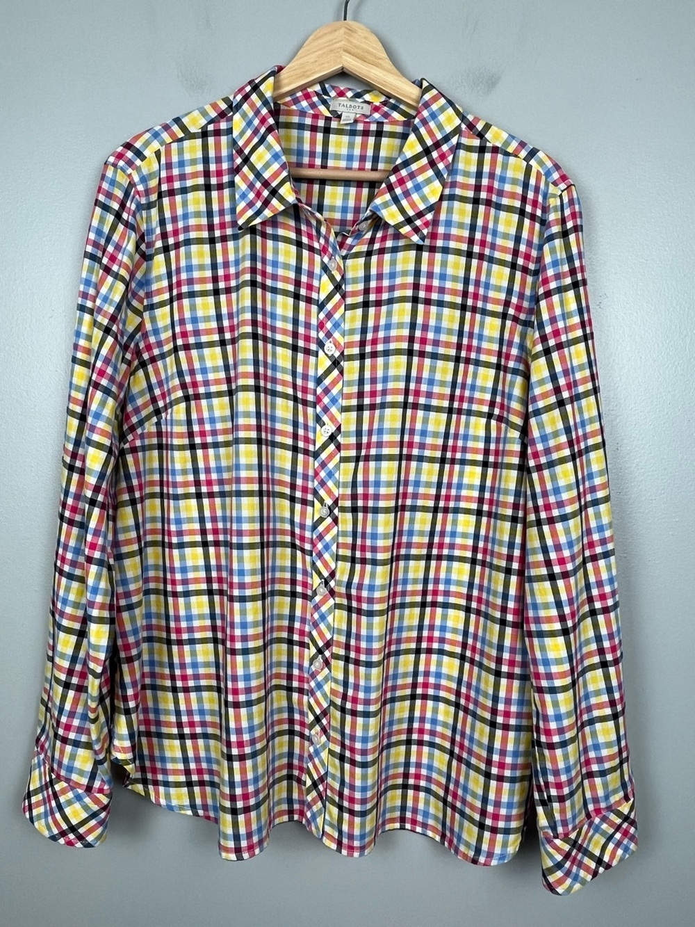 Talbots 100% cotton multicolor plaid button front shirt, XL.
